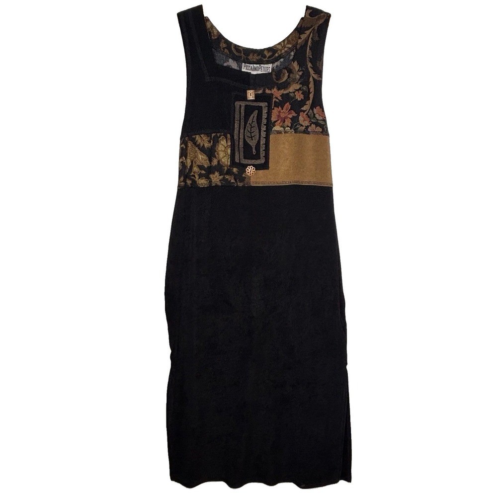 Vtg Piccalino Petites Maxi Dress Jumper PL Black Brown Floral Boho Hippie Chic